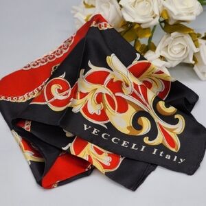 Italian Silk Bandana 22x22 Red Black Golden Barocco Scarf